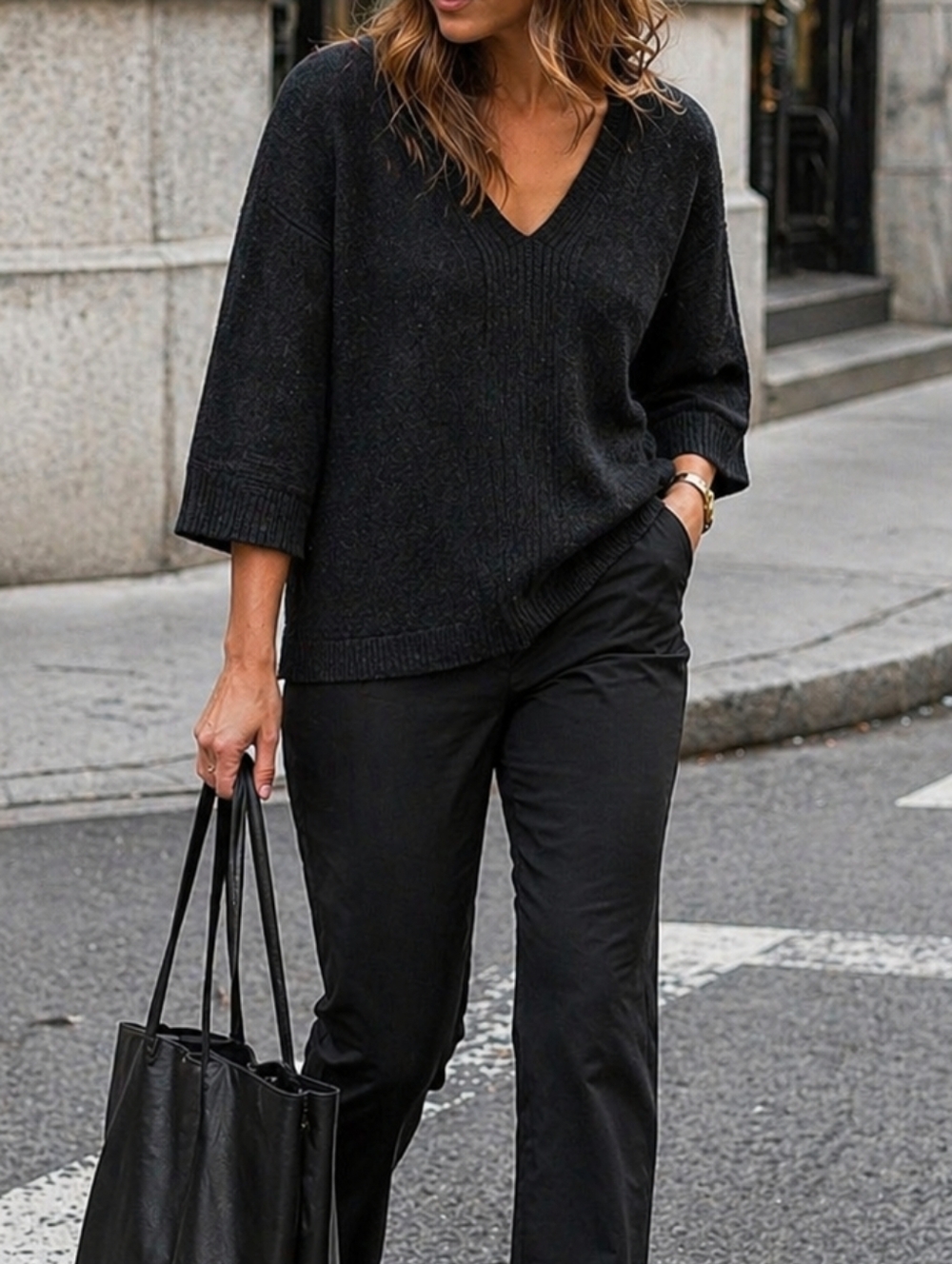 LOFT Wool Blend Black V-Neck Sweater Flare Sleeve Rib Knit Cozy Chic Oversized